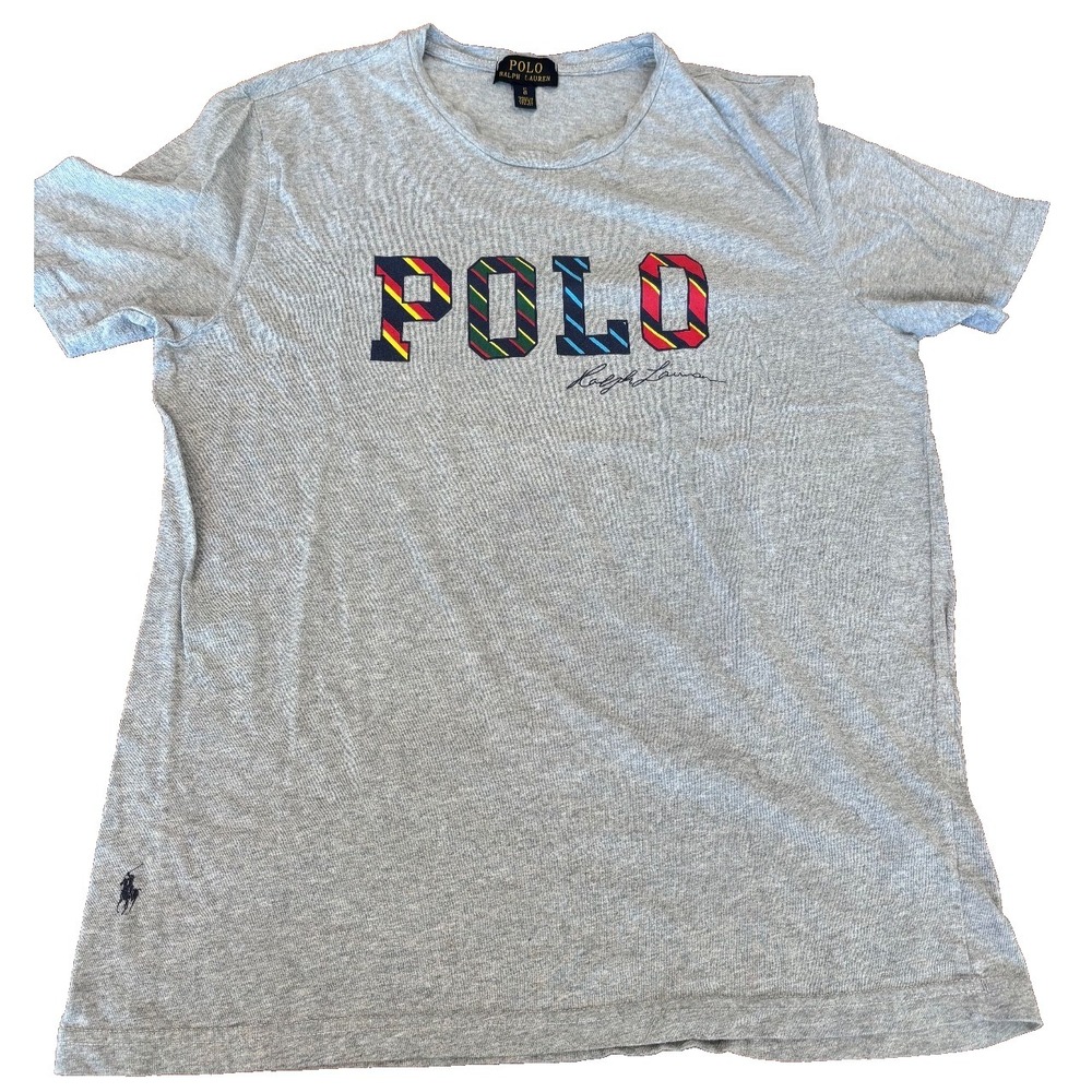 Polo Ralph Lauren blue label gray tee with striped logo spell out jersey mens' L